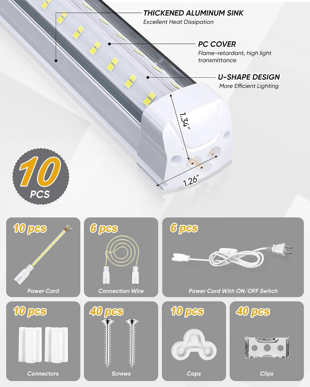 8FT 10 Pack LED Shop Lights, 120W 19200LM 6000K Garage Lighting