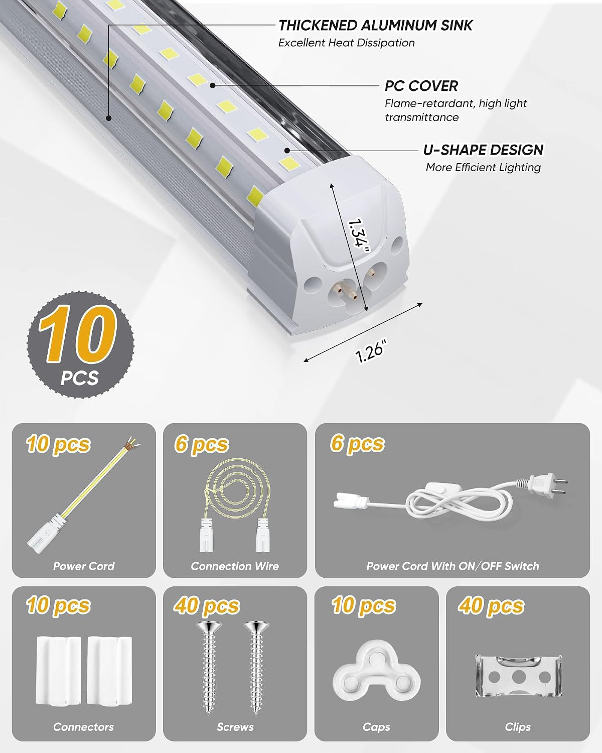 8FT 10 Pack LED Shop Lights, 120W 19200LM 6000K Garage Lighting