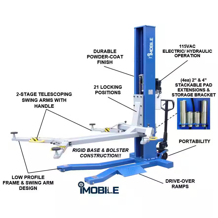Mobile Single Column Car Lift 6,000 Lbs. Capacity Heavy Duty Model with Stackable Extensions Included