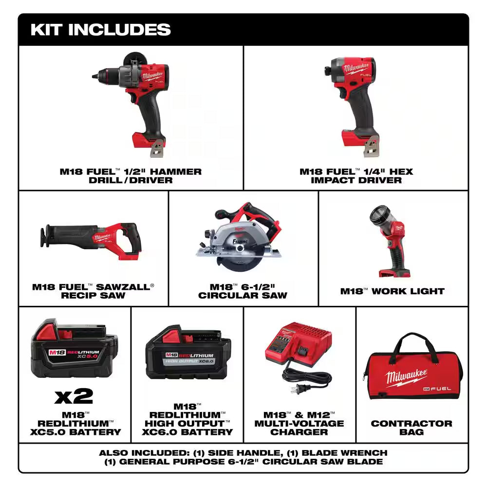 M18 FUEL 18-Volt Lithium-Ion Brushless Cordless Combo Kit (5-Tool) with (3) Batteries, 1 Charger 1 Tool Bag