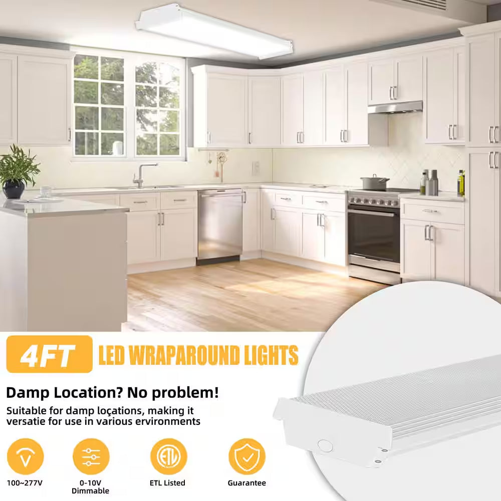 2-Pack 4 Ft. 6000 Lumens Integrated LED Wraparound Light 40W 120-277V Adjustable CCT Dimmable Garage Lighting Workshop