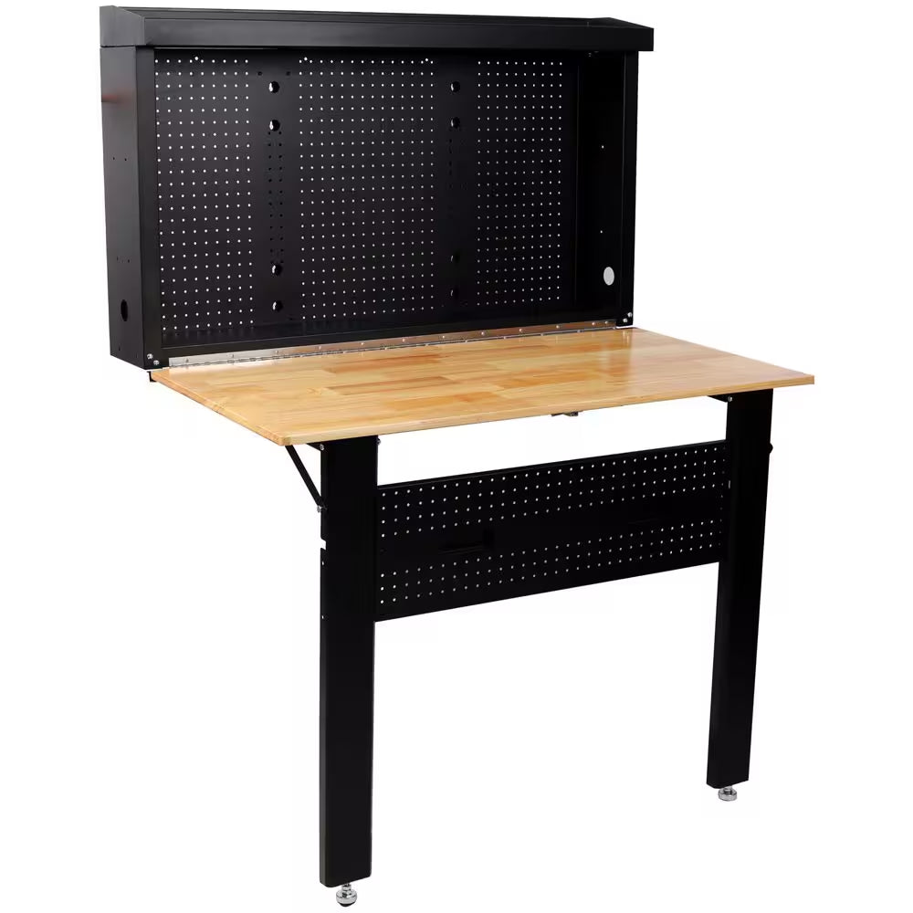 Robust Wall Mounted Tool Rack Foldable Workbench 32.5 In. W × 47.2 In. D × 63.75 In. H with Rubberwood Top Tool Pegboard