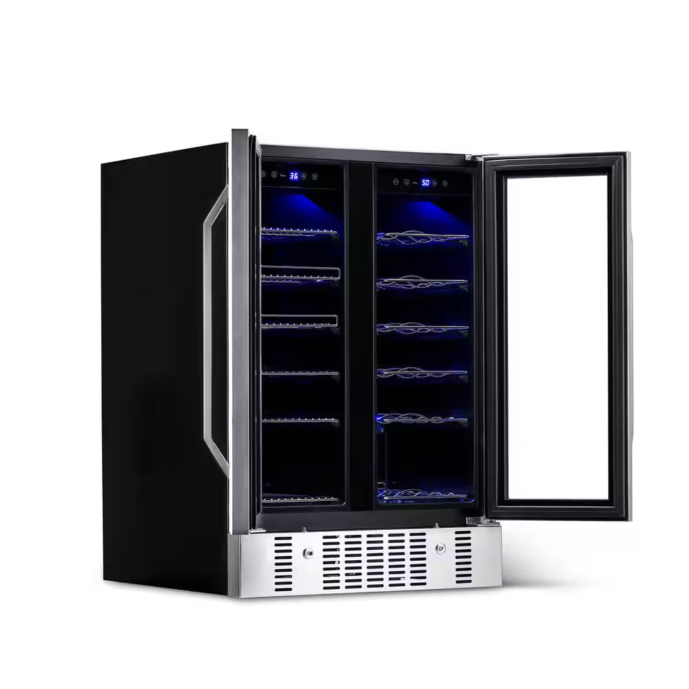 Dual Zone 24 In. Built-In 18-Bottle and 58 Can Wine and Beverage Cooler Fridge with French Doors - Stainless Steel