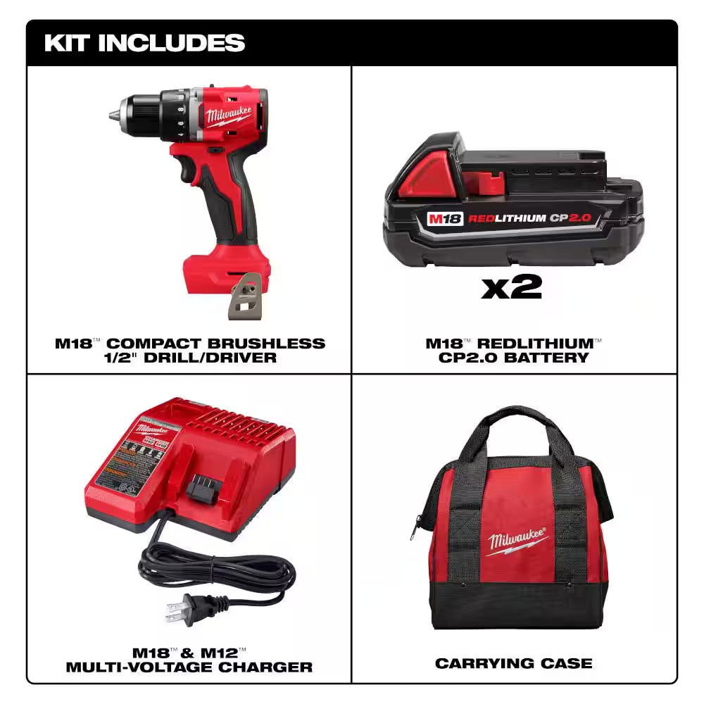 M18 18V Lithium-Ion Brushless Cordless 1/2 In. Compact Drill/Driver Kit with SHOCKWAVE Screw Driver Bit Set (45-Piece)