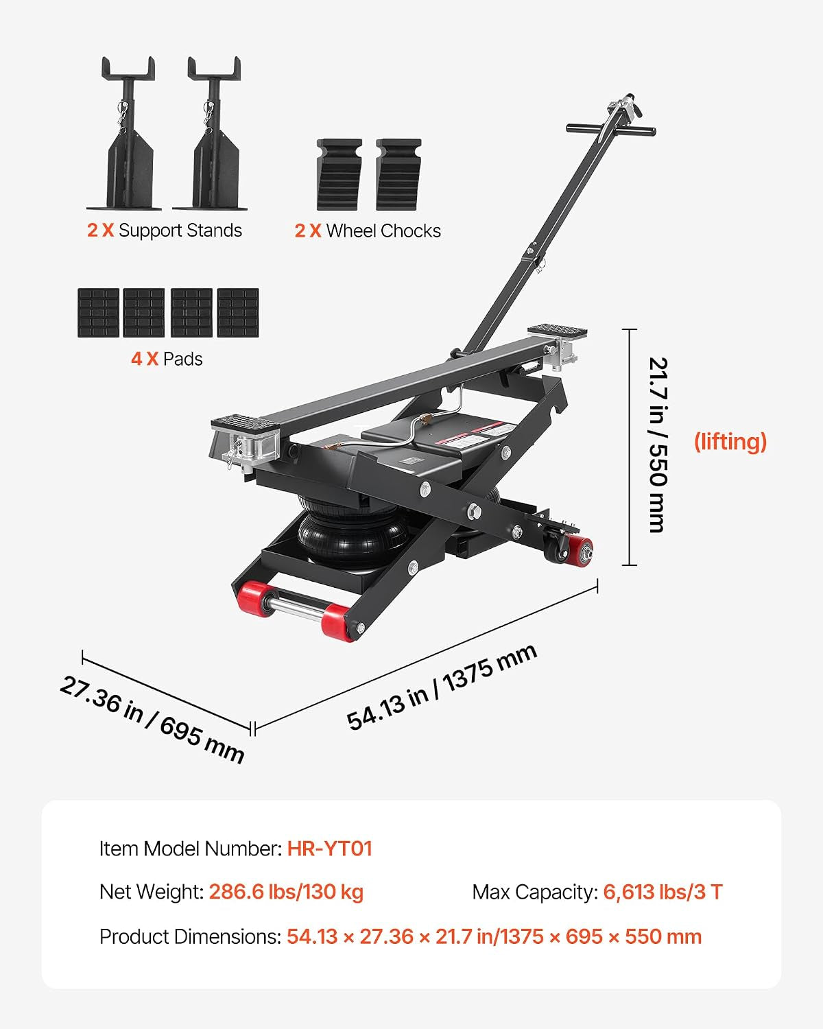 Air Portable Car Lift, 6613 Lbs/3 Ton Capacity, 21.7 Inch Max Height, Adjustable Portable Air Car Lift with Airbag, Support Stands, Wheel Chocks, Rubber Pads, Heavy-Duty for Sedan SUV Pickup