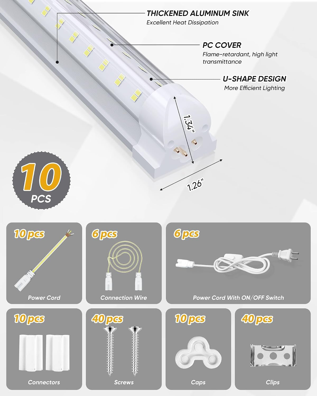 8FT 10 Pack LED Shop Lights, 120W 15000LM 6000K Garage Lighting