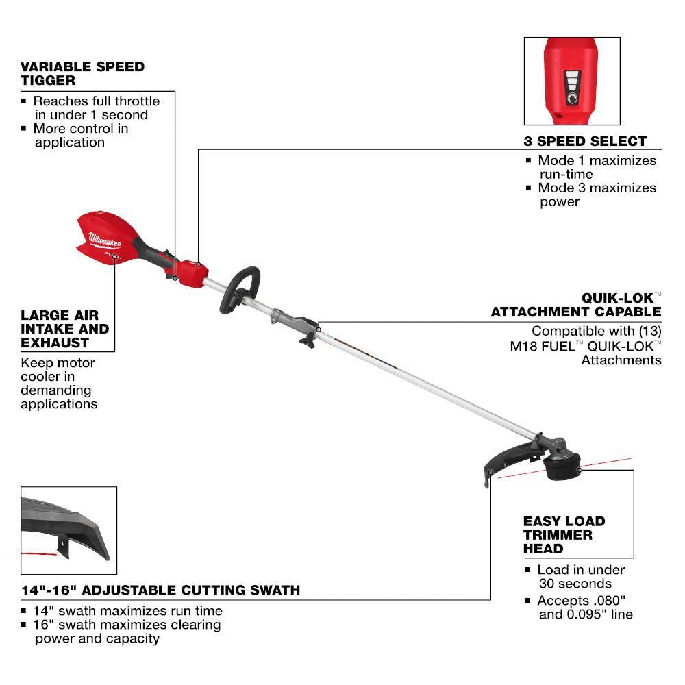 M18 Fuel 18V 16 In. Brushless Cordless Battery Powered Quik-Lok String Trimmer with Hedge Trimmer Attachment
