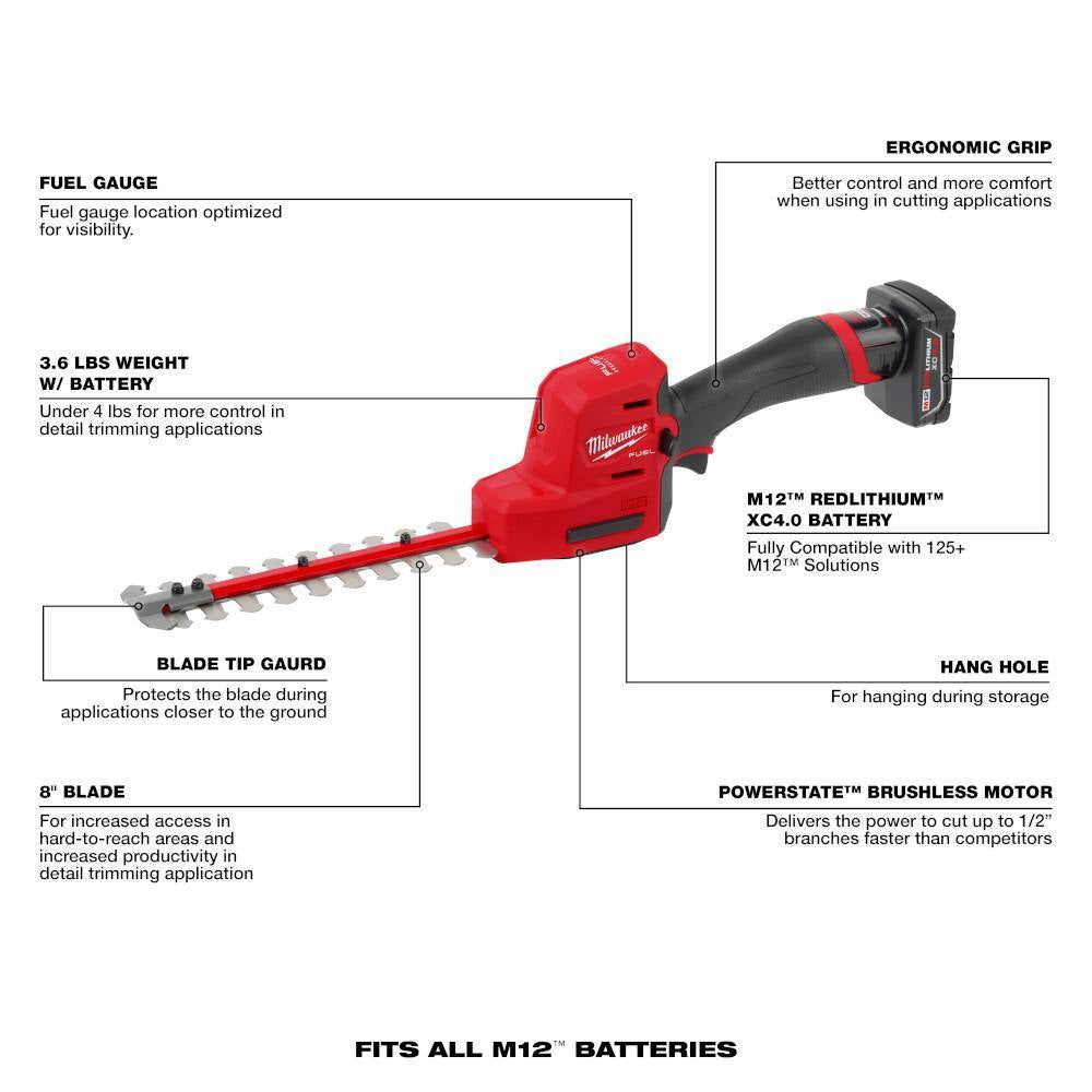 M12 FUEL 8 In. 12V Lithium-Ion Brushless Cordless Hedge Trimmer Kit and M18 FUEL 16 In. Chainsaw Combo Kit (2-Tool)