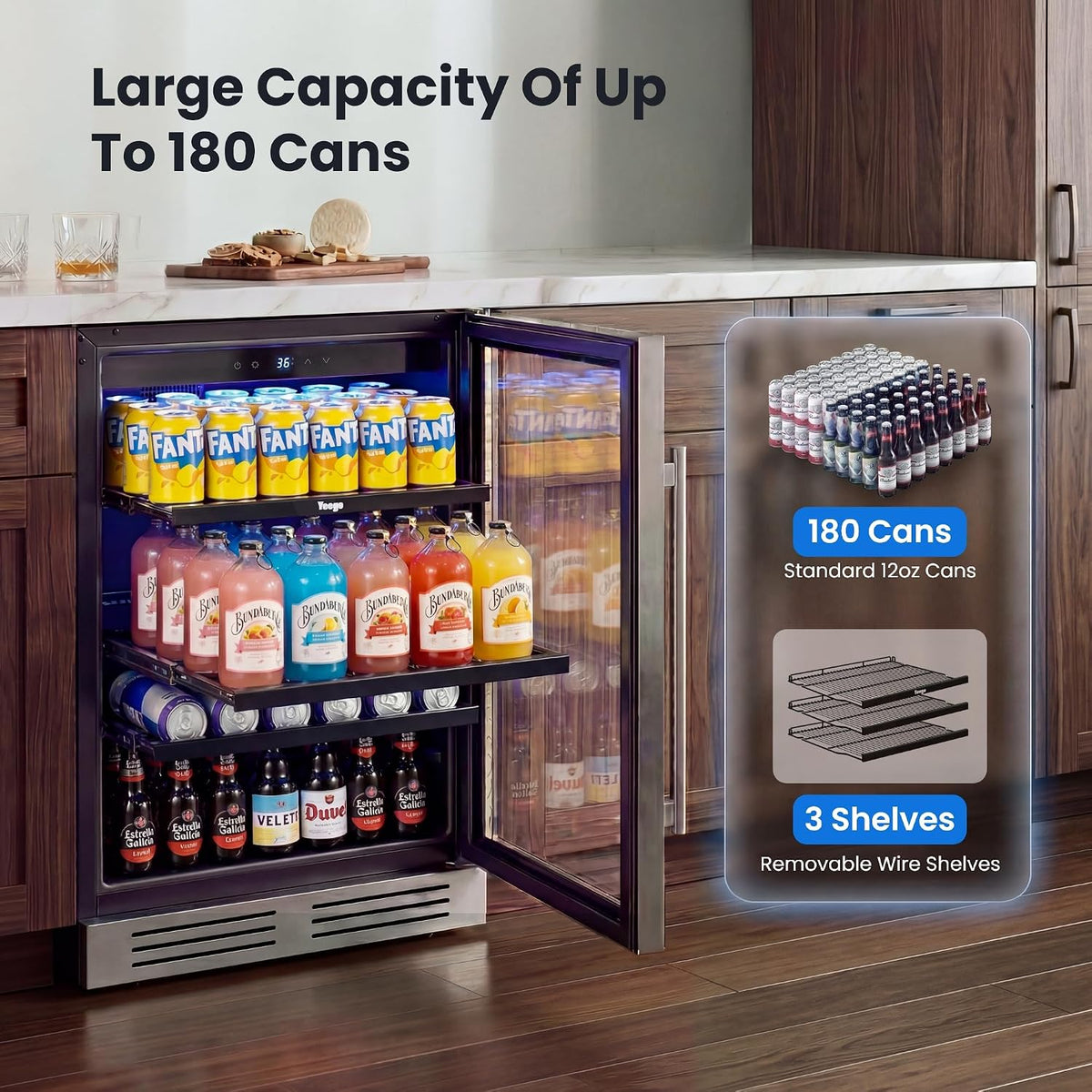 Beverage Refrigerator - 24 Inch 180 Cans Beer Cooler with Glass Door