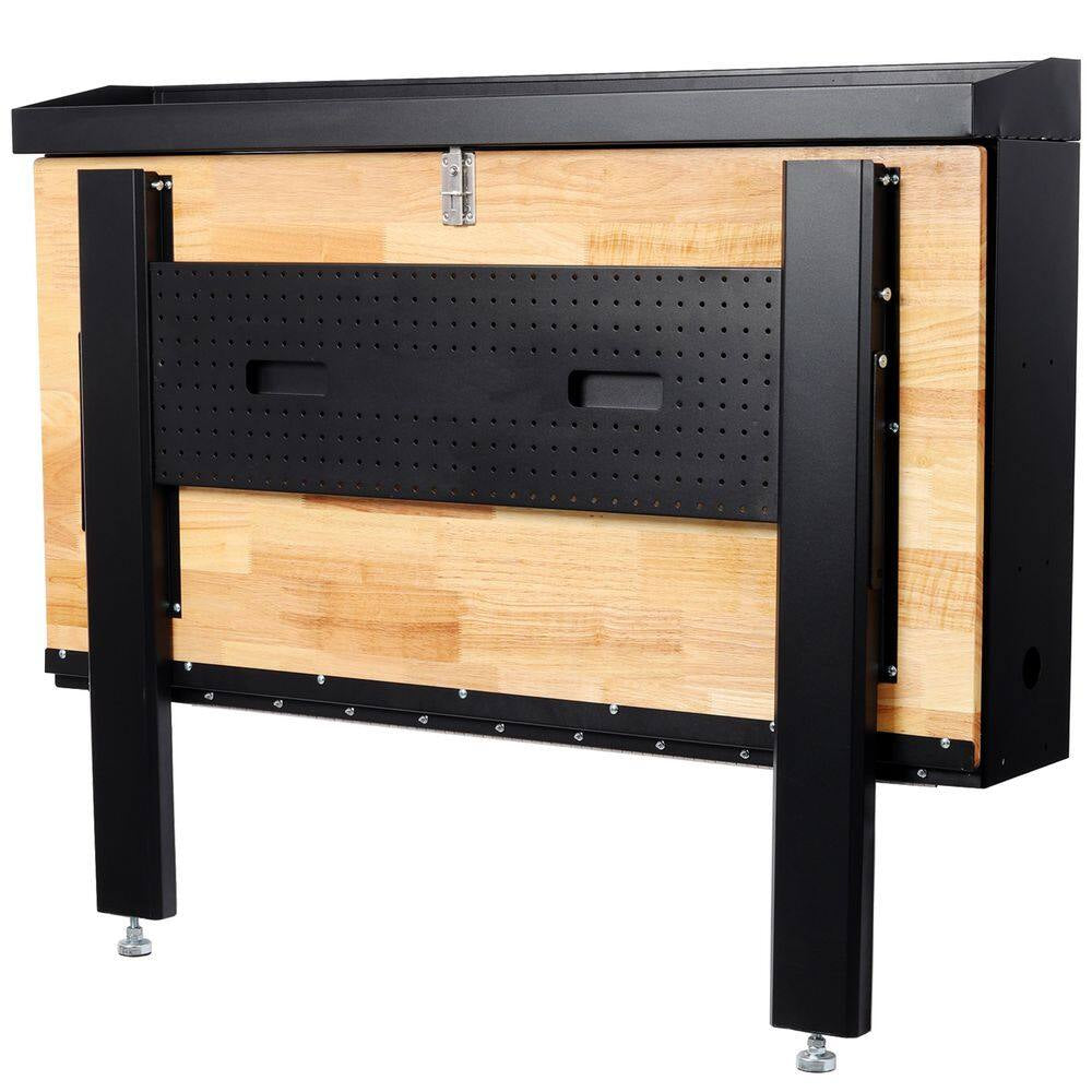 Robust Wall Mounted Tool Rack Foldable Workbench 32.5 In. W × 47.2 In. D × 63.75 In. H with Rubberwood Top Tool Pegboard